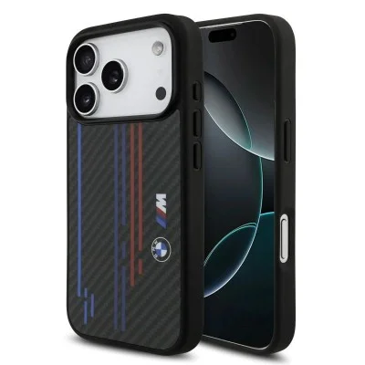 Bmw Iphone 17 Pro Case &ndash; Kevlar Magsafe With Tri-Color Stripes And Metal Logo - Black